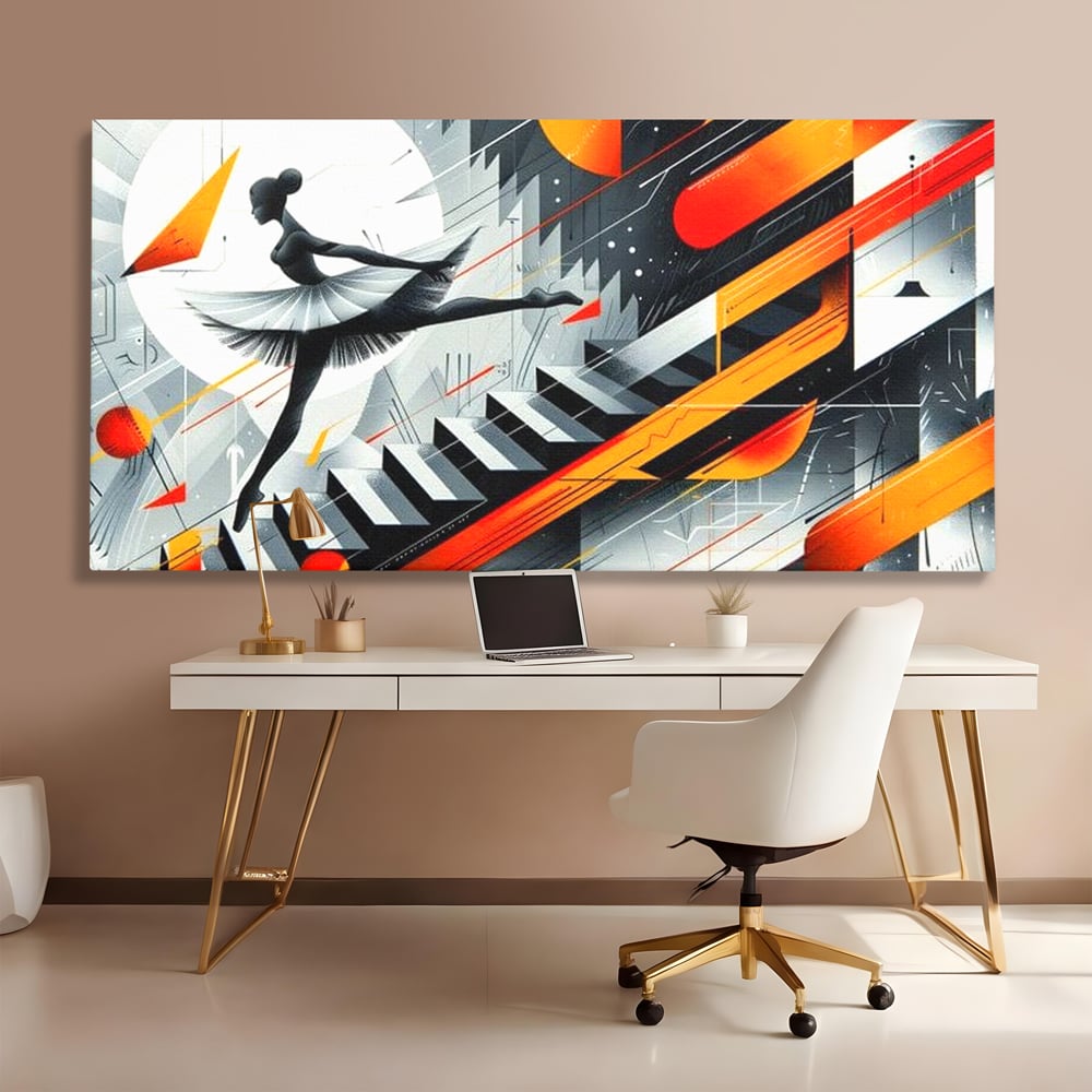 Tablou canvas cu tablou canvas cu balerina pe scari si cosmos, fara rama, pe sasiu de lemn, pe perete intr-un birou